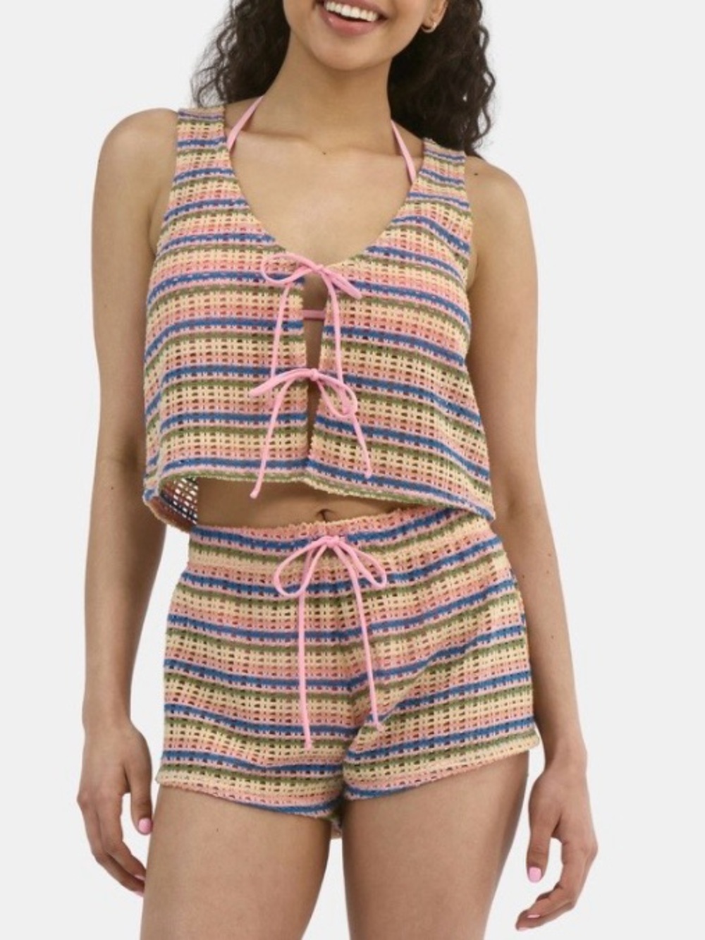 Celebrity Pink Two Piece Set Pastel Striped Crochet Shell Cover-Up Size S 4-6